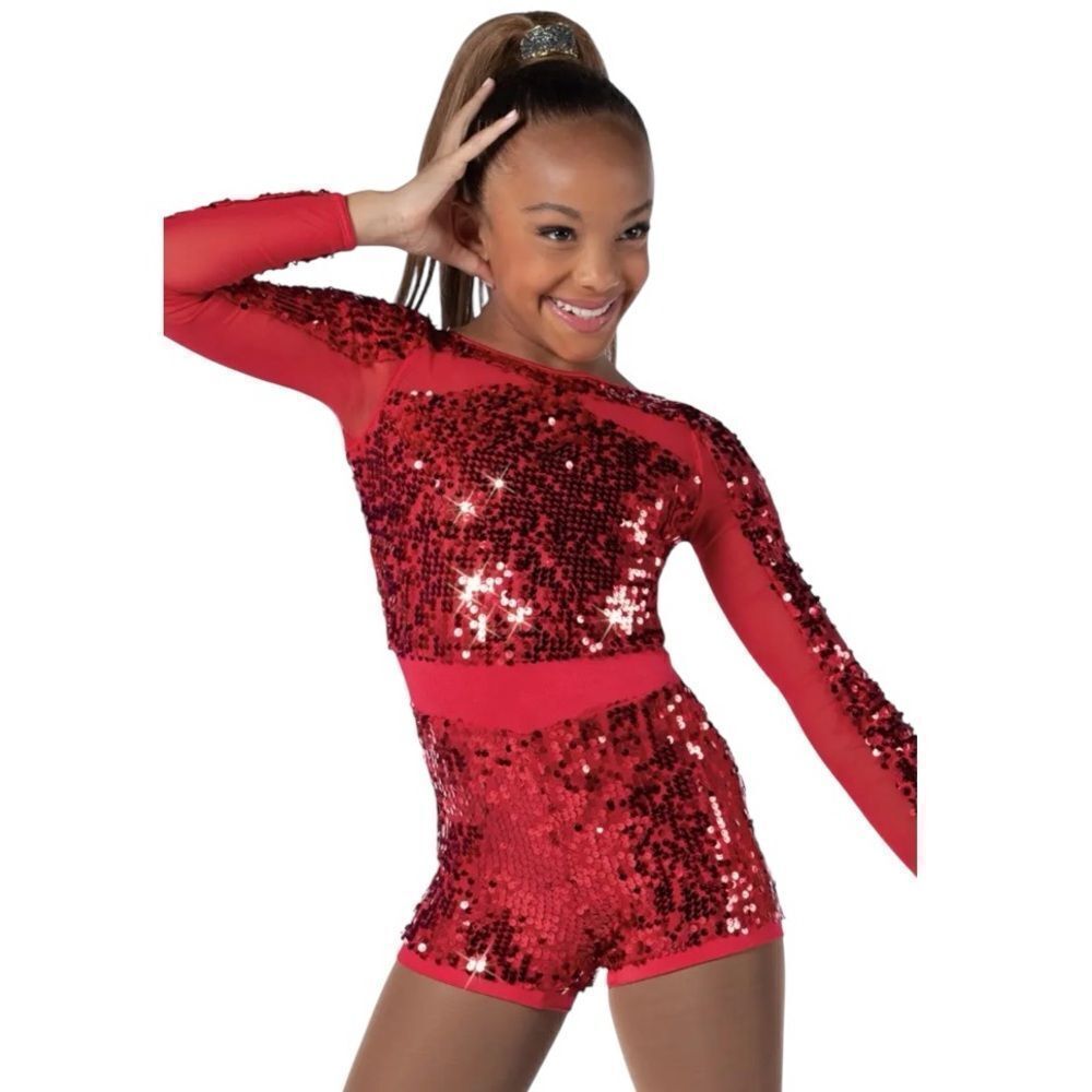 Weissman Red Sequin Long Sleeve Romper. Style #14172 “Love You Like A Love Song”